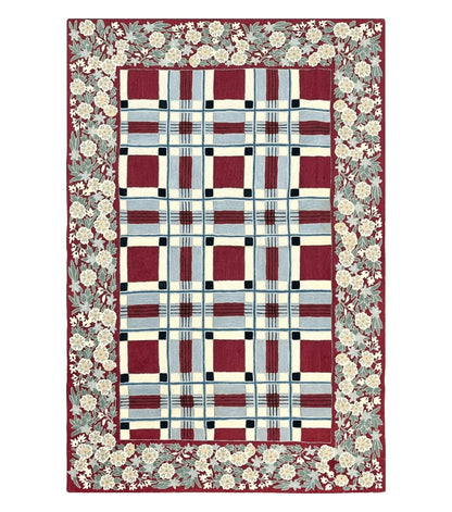 Indian Hand Stitched Rug 4x6, Vintage Carpet, Checkerboard Floral Pattern, Maroon Ivory, Flatweave, Wool