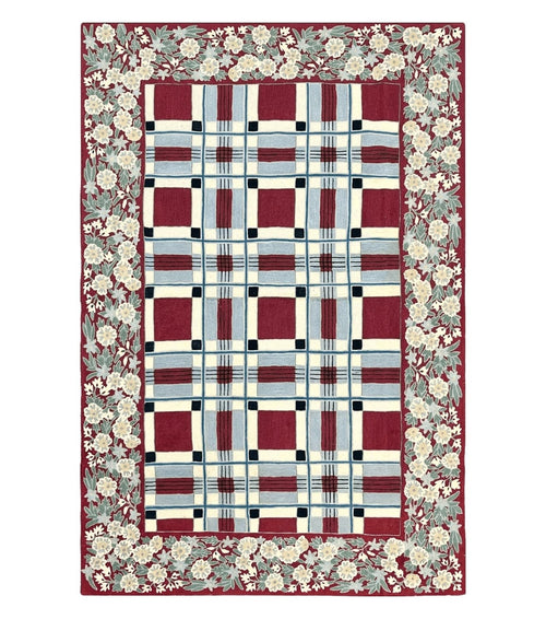 Indian Hand Stitched Rug 4x6, Vintage Carpet, Checkerboard Floral Pattern, Maroon Ivory, Flatweave, Wool