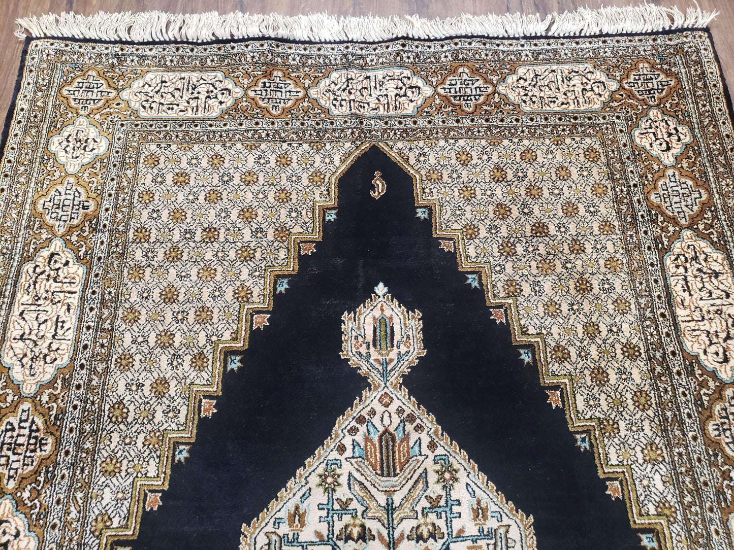 Persian Silk Qum Rug, Silk on Silk, Black Golden Brown and Beige, Hand-Knotted, 3'6" x 5' 5" - Nuvé