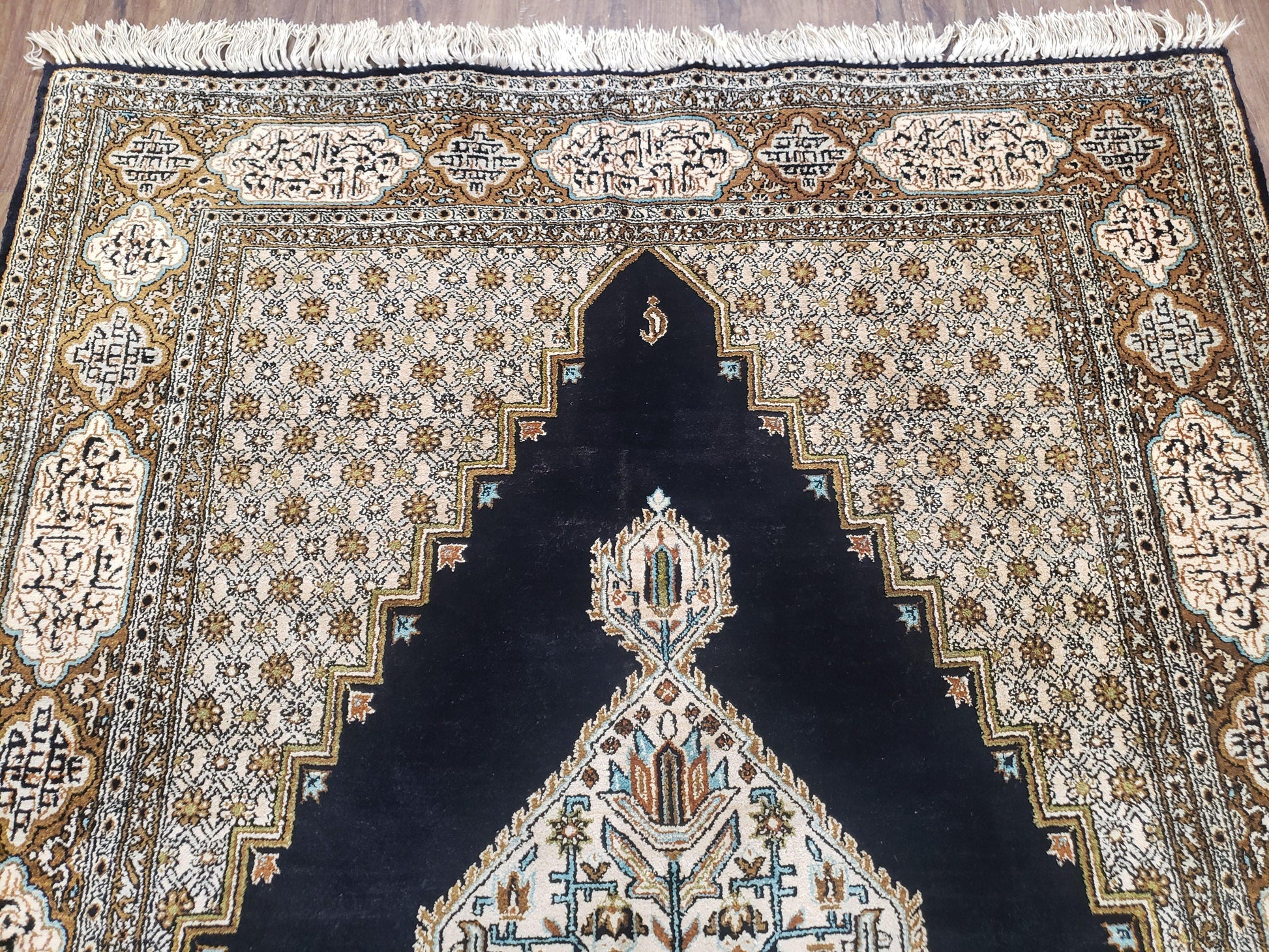Persian Silk Qum Rug, Silk on Silk, Black Golden Brown and Beige, Hand-Knotted, 3'6" x 5' 5" - Nuvé
