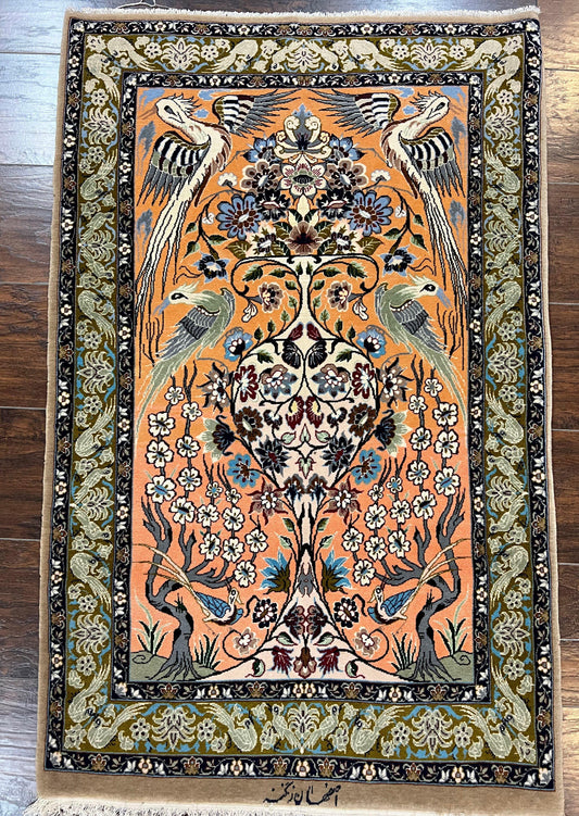 Very Fine Small Persian Isfahan Rug 2.6 x 4, Kork Wool on Silk Hand-Knotted Vintage Animal Pictorials Birds Vase, Signature Masterweaver, Orange - Nuvé