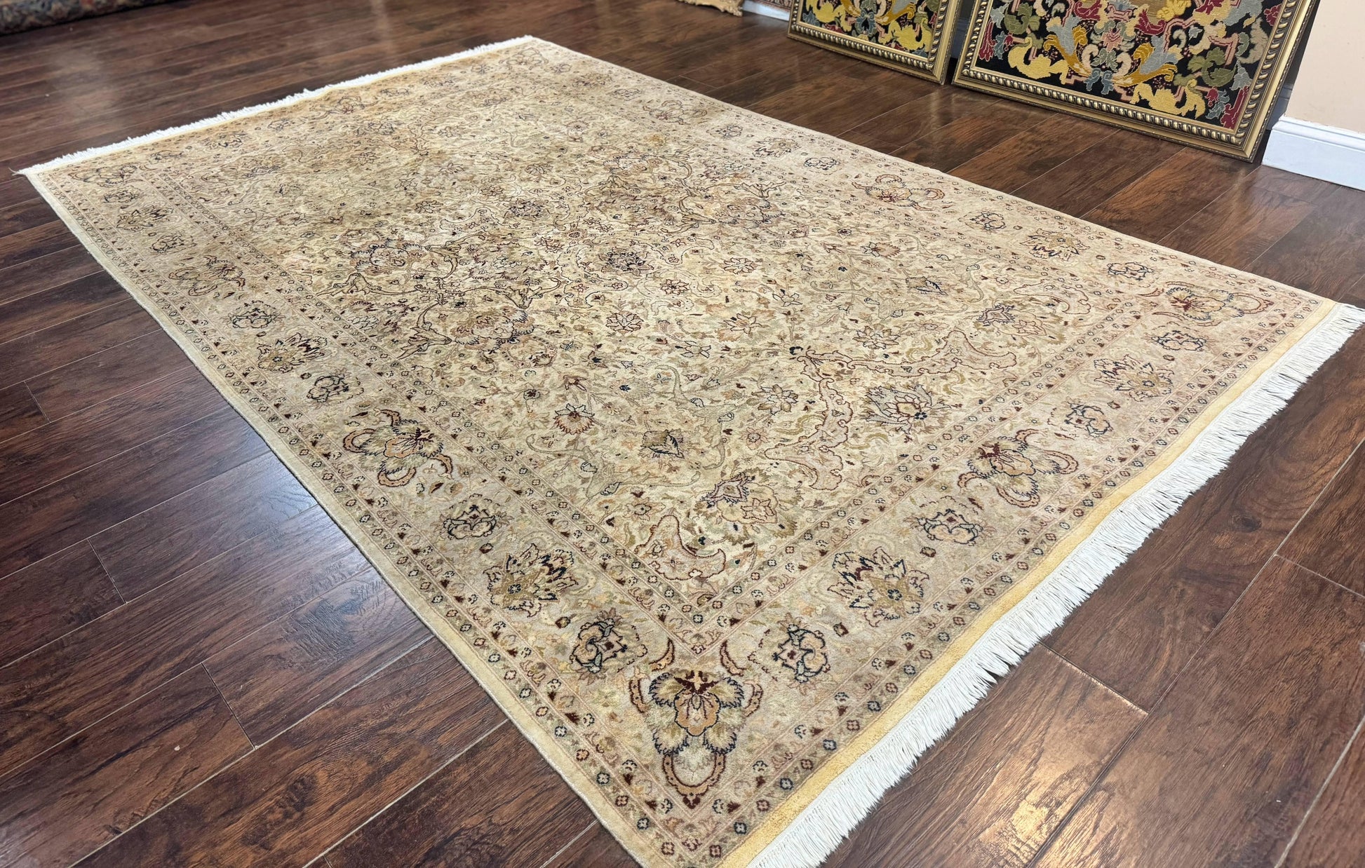 Pak Persian Rug 6x9, Vintage Handmade Wool Carpet, Floral, Beige - Nuvé