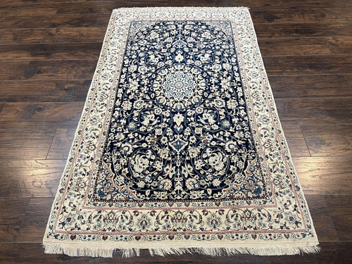 Very Fine Persian Nain Rug 3.7 x 6, Floral Medallion, Wool and Silk Accents, Highly Detailed, Hand Knotted Oriental Carpet, Navy Blue Ivory/Cream - Nuvé