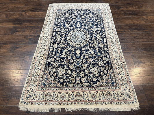 Very Fine Persian Nain Rug 3.7 x 6, Floral Medallion, Wool and Silk Accents, Highly Detailed, Hand Knotted Oriental Carpet, Navy Blue Ivory/Cream - Nuvé