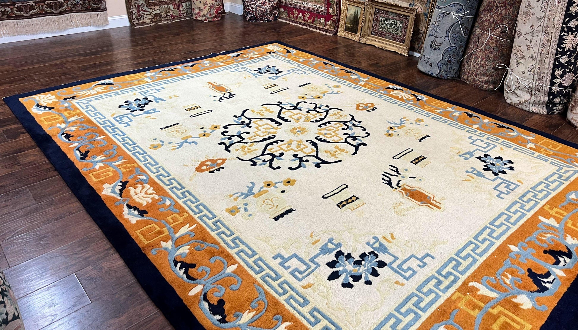 Indo Chinese Rug 9x12, Asian Oriental Carpet 9 x 12, Cream & Burnt Orange, Handmade Wool Vintage Art Deco Rug - Nuvé