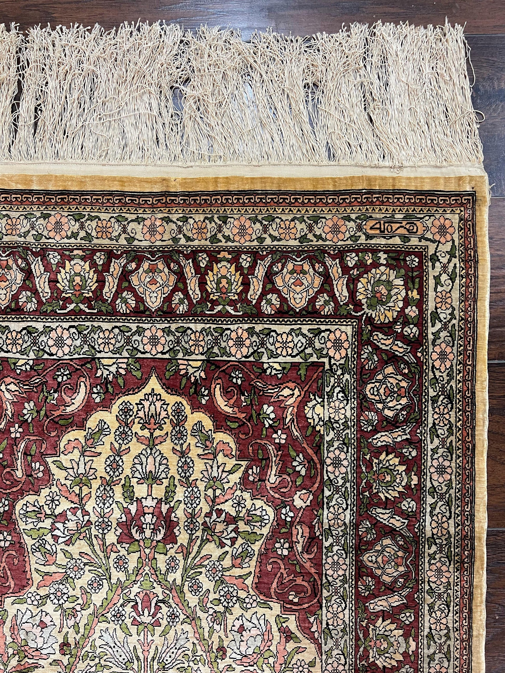 Wonderful Silk Turkish Hereke Prayer Rug 2.8 x 4.5, Tree of Life Design, Signature from Master Weaver, Gold and Burgundy, Handmade, 625 KPSI - Nuvé