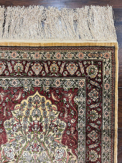 Wonderful Silk Turkish Hereke Prayer Rug 2.8 x 4.5, Tree of Life Design, Signature from Master Weaver, Gold and Burgundy, Handmade, 625 KPSI - Nuvé
