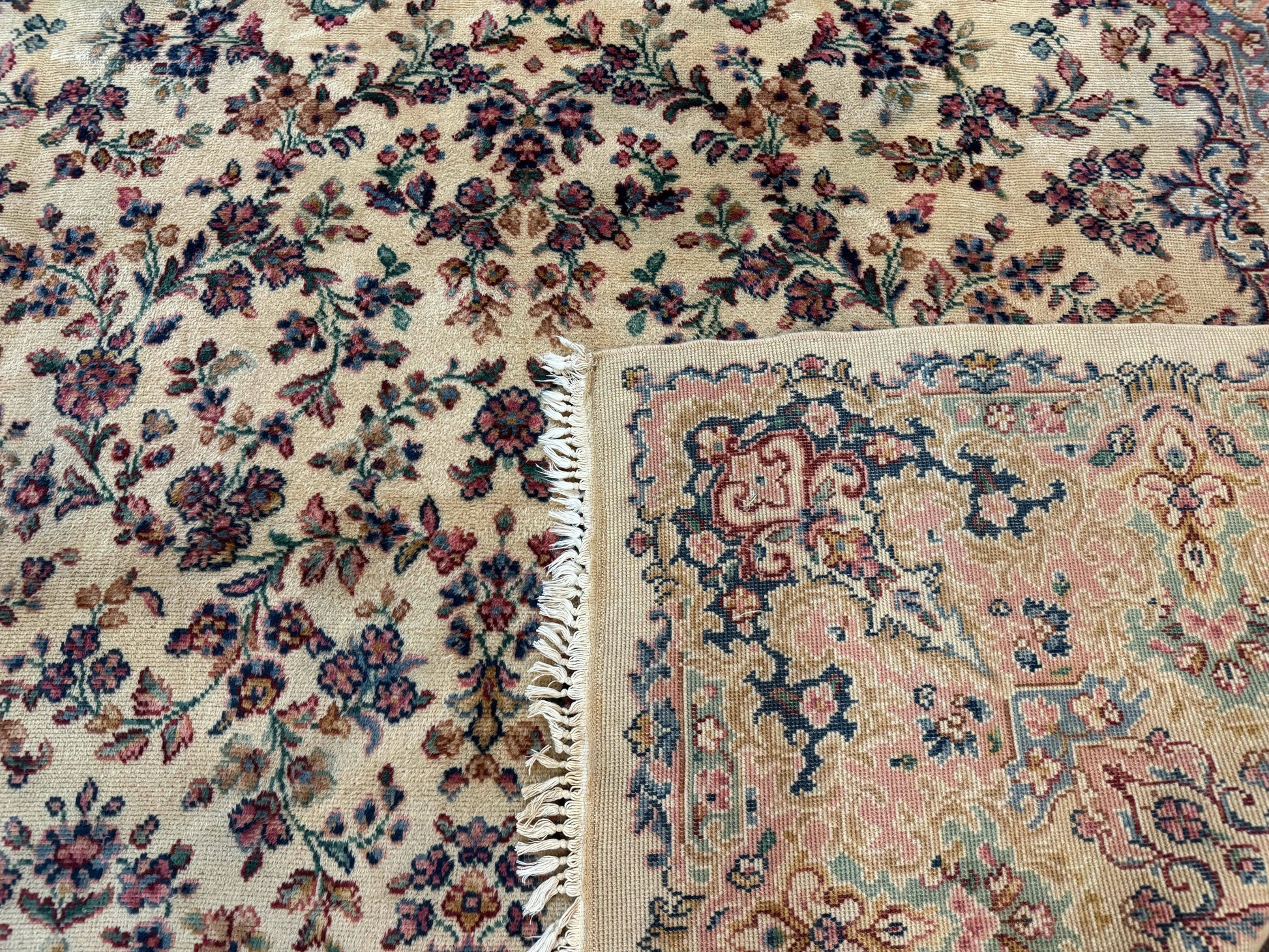Antique Karastan Rug 8.8 x 12 Lanamar Floral Ivory Kirman Wool Discontinued - Nuvé