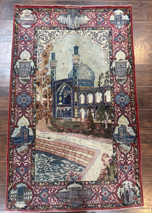 Persian Isfahan Pictorial Rug 3.6 x 5.7, Very Fine 400 KPSI, Historical Buildings, Signed By Masterweaver, Handmade - Nuvé