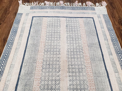 Vintage Moroccan Kilim Area Rug 4x6, Ivory & Blues, Moroccan Wall Hanging, Wool, Handmade, 3'9" x 6' 1", Boho Rug, Flatweave Moroccan Carpet - Nuvé