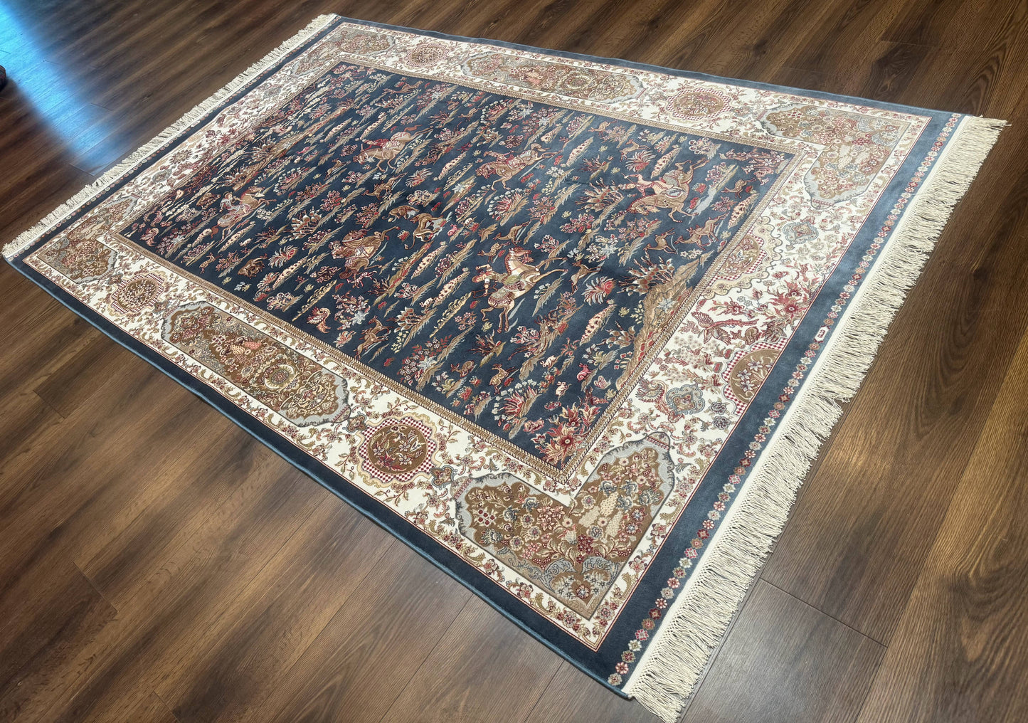 Turkish Silk Rug 5x8, Hunting Design, Animal Pictorials, Steel Blue & Ivory, Bamboo Silk - Nuvé