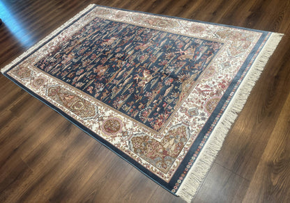 Turkish Silk Rug 5x8, Hunting Design, Animal Pictorials, Steel Blue & Ivory, Bamboo Silk - Nuvé