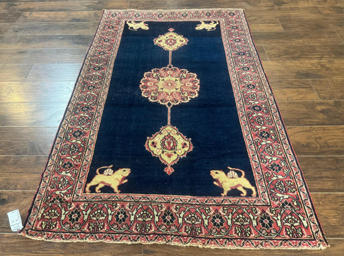 Antique Persian Mashad Rug 4x6, Semi Open Field, Navy Blue, Lion Pictorials, Triple Medallion, Dorokhsh Rug - Nuvé