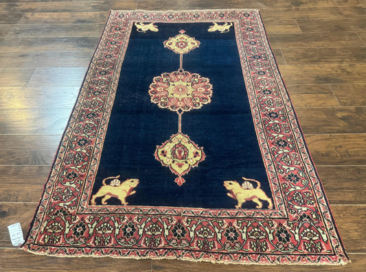 Antique Persian Mashad Rug 4x6, Semi Open Field, Navy Blue, Lion Pictorials, Triple Medallion, Dorokhsh Rug - Nuvé