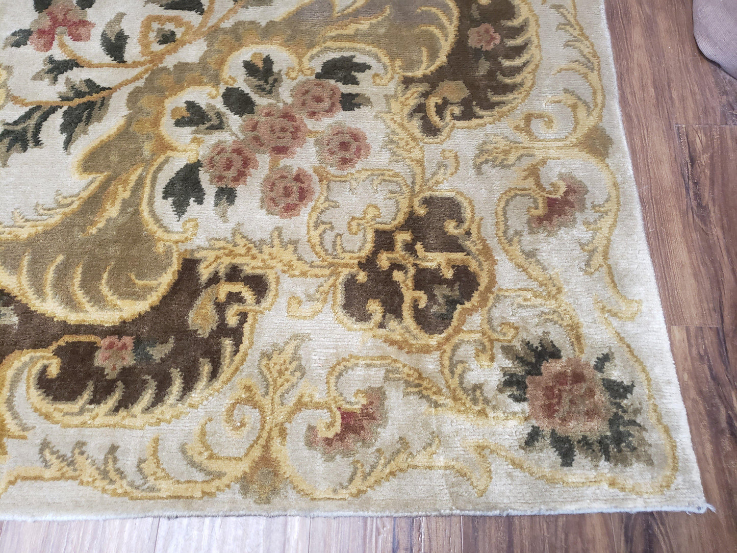 Aubusson Rug 10x14, Elegant French European Design, Vintage Handmade Carpet with Pile, Beige Floral Dining Room Rug, Living Room, Soft Wool - Nuvé