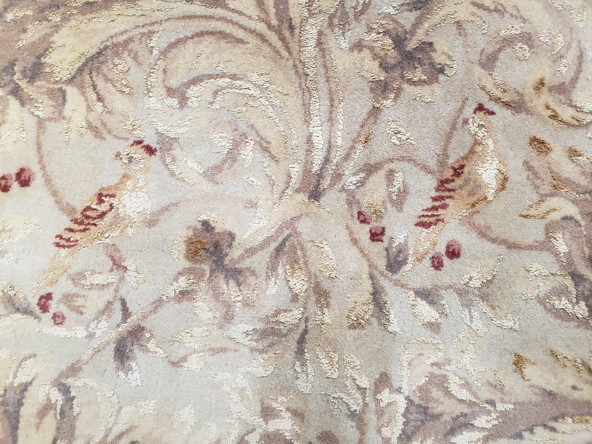 Chinese Aubusson Savonnerie Area Rug 8x12, Vintage 120 Line Carpet, Wool and Silk Hand-Knotted, Birds Flowers Master Weaver Signature - Nuvé