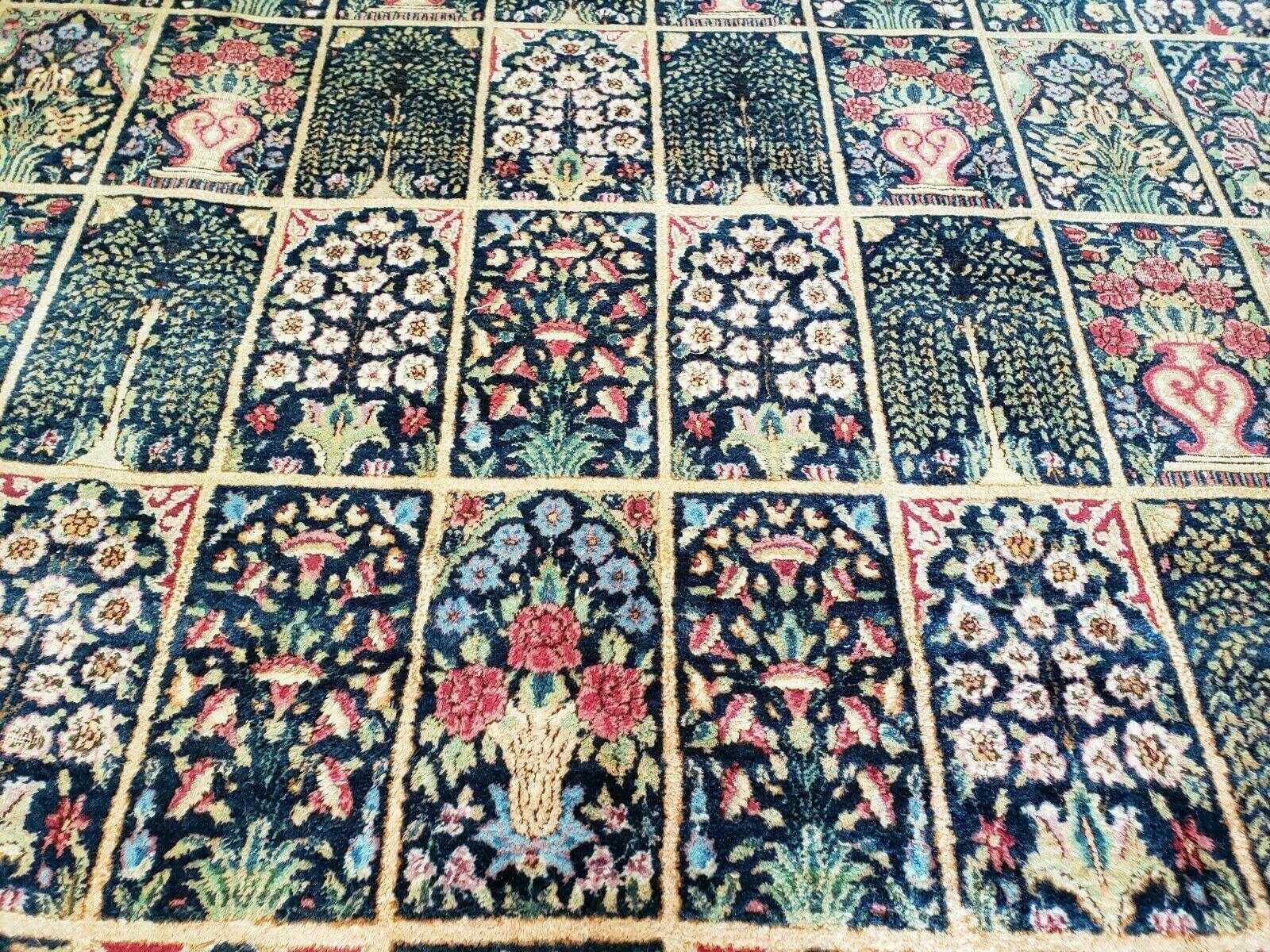 Persian Rug 10x15, Authentic Oriental Carpet 10 x 15, Wool Area Rug Panel Design Hand-Knotted Vintage Kirman Yazd Rug, Dark Blue and Beige,  Floral - Nuvé
