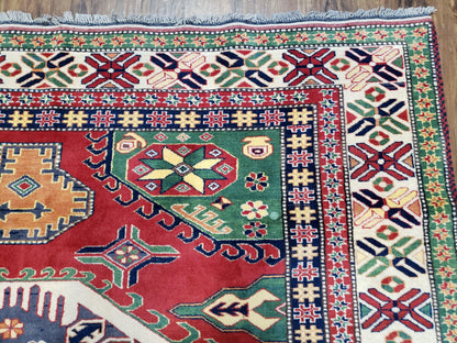 Vintage Turkish Kazak Area Rug, 6ft Square Rug, 6x6 Square Oriental Carpet, Hand-Knotted, Wool, Bold Colors, Red Blue Green, Geometric Rug - Nuvé