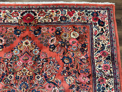Persian Sarouk Rug 7x10, Red and Ivory, Floral Bouquets, Birds - Nuvé