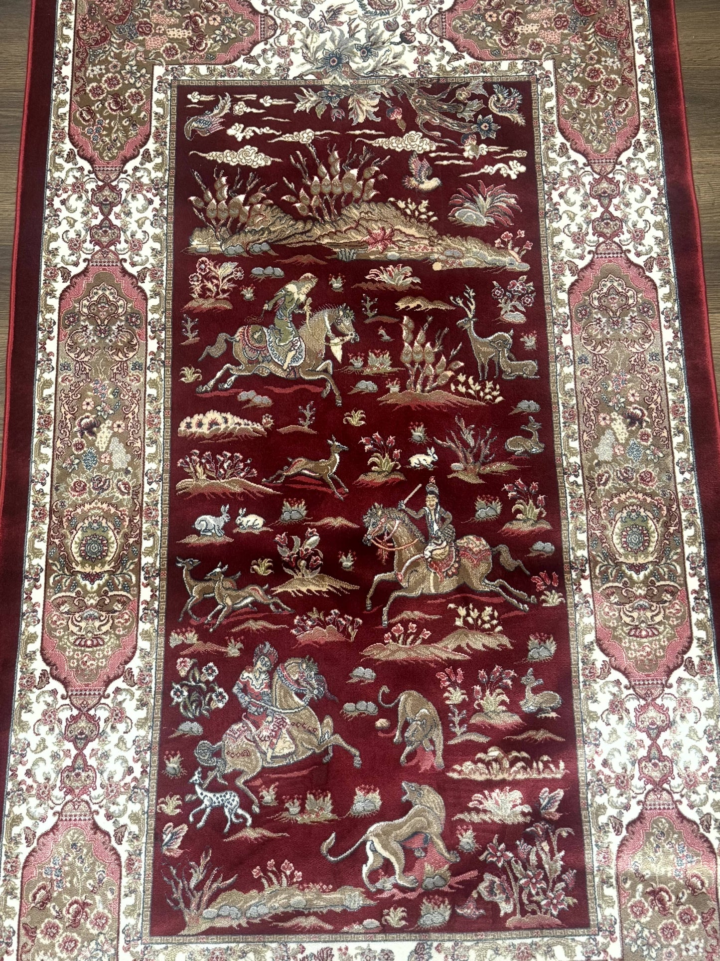 Turkish Silk Rug 3x5, Hunting Design, Dark Red & Ivory, Bamboo Silk, New - Nuvé