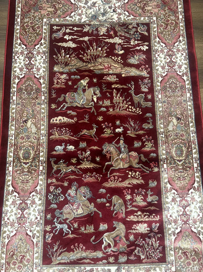 Turkish Silk Rug 3x5, Hunting Design, Dark Red & Ivory, Bamboo Silk, New - Nuvé