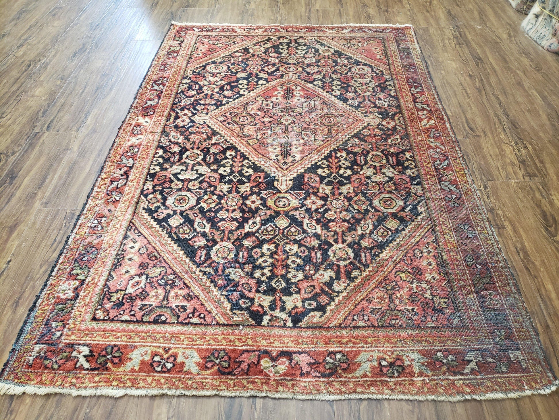 Antique Persian Mahal Area Rug 4.4 x 6.6, Wool Hand-Knotted Shabby Chic Oriental Rug, Red Black 1930s Foyer Room Carpet, Low Pile Boho Rug - Nuvé