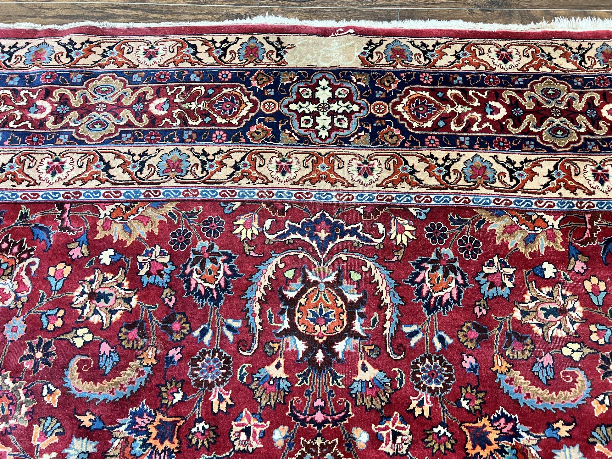 Signed Persian Mashad Rug 8x10, Wool Oriental Carpet, Semi Antique Rug, Hand Knotted, Traditional, Red, Floral Allover, - Nuvé