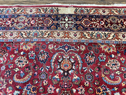 Signed Persian Mashad Rug 8x10, Wool Oriental Carpet, Semi Antique Rug, Hand Knotted, Traditional, Red, Floral Allover, - Nuvé