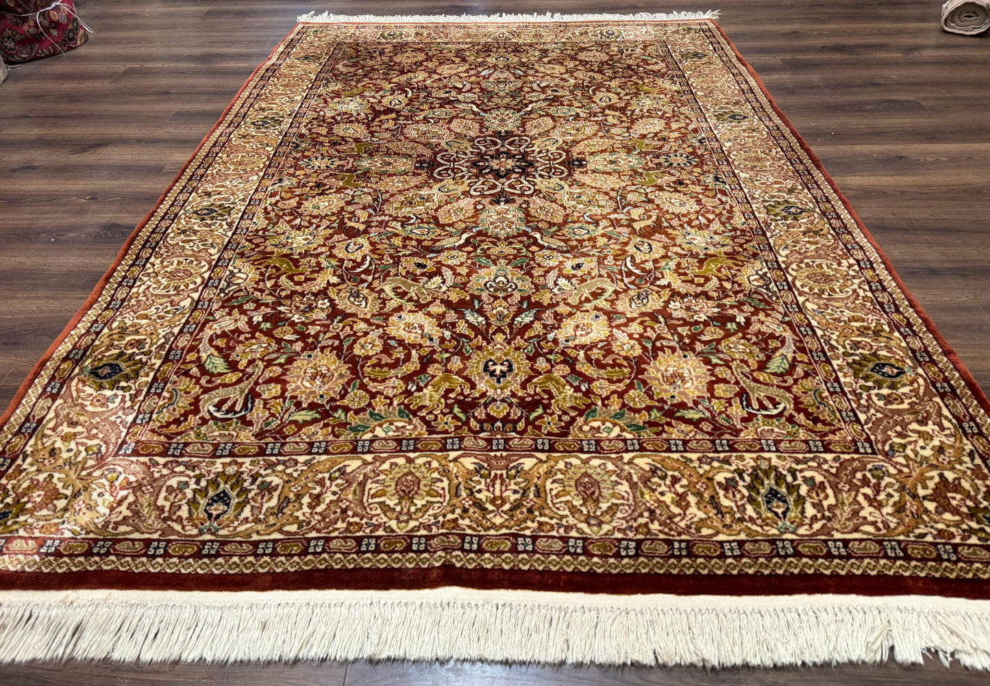 Tree of Life Indian Kashmiri Rug 6x9, Rust Red and Cream, Animal Pictorials, Fine 290 KPSI - Nuvé