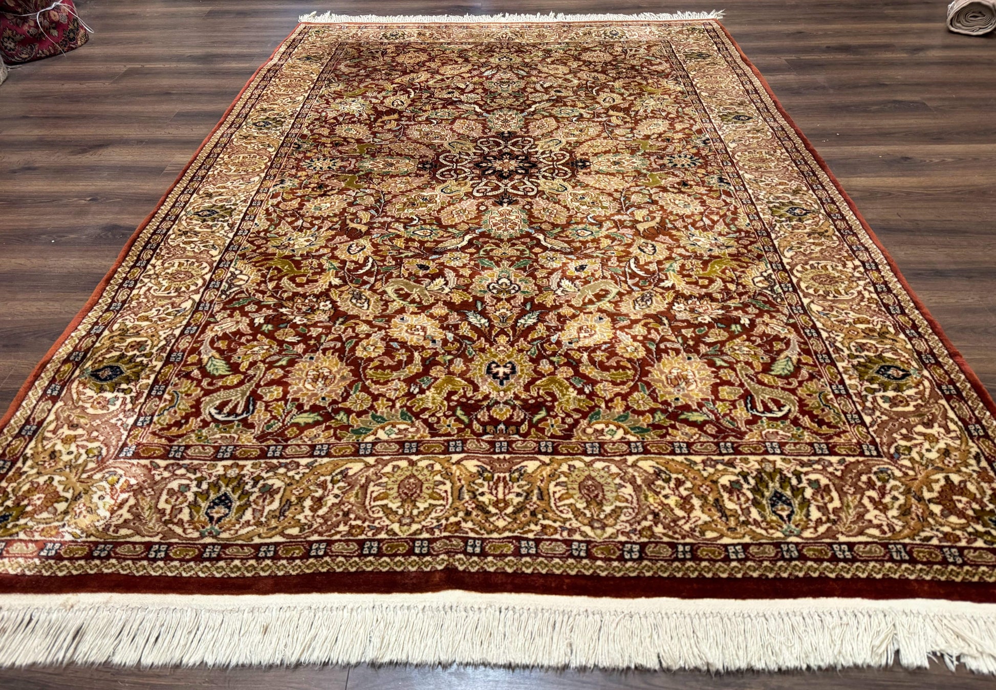Tree of Life Indian Kashmiri Rug 6x9, Rust Red and Cream, Animal Pictorials, Fine 290 KPSI - Nuvé