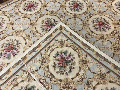 Chinese Needlepoint Rug 8x11, Handmade Wool Needlepoint Carpet, Vintage, Sky Blue - Nuvé