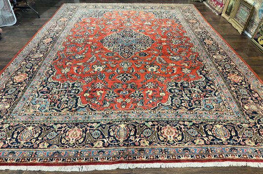 Red Persian Kashan Rug 10x14, Hand-Knotted Semi Antique Floral Medallion Handmade Wool Carpet, Red & Navy Blue - Nuvé