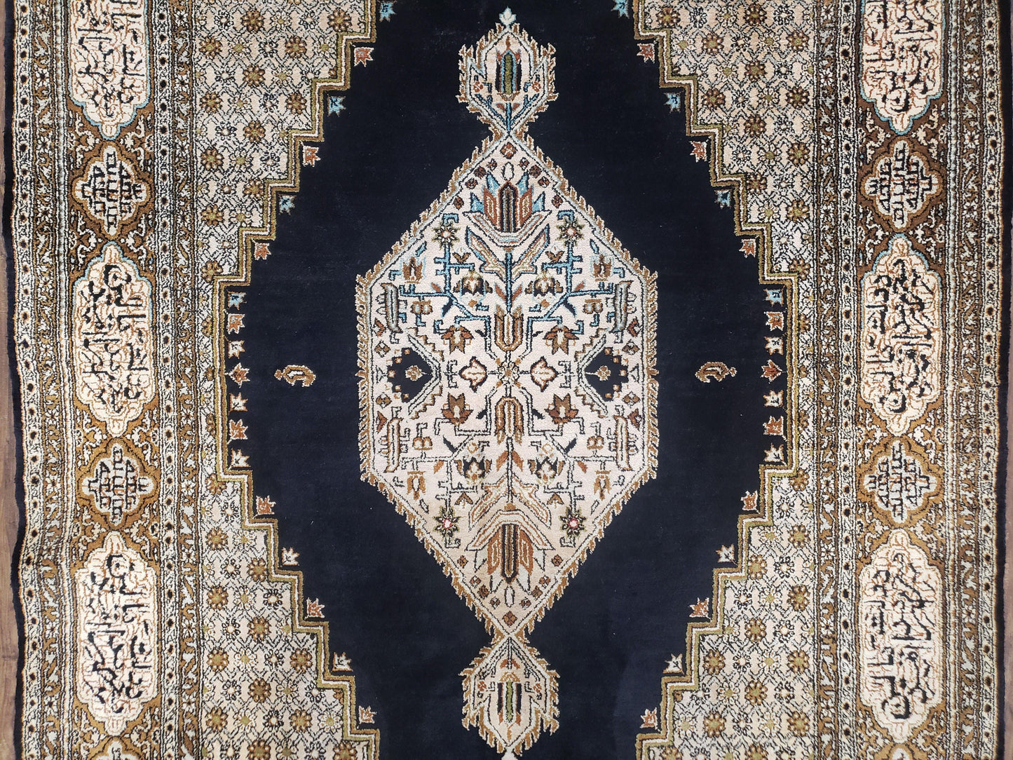 Persian Silk Qum Rug, Silk on Silk, Black Golden Brown and Beige, Hand-Knotted, 3'6" x 5' 5" - Nuvé