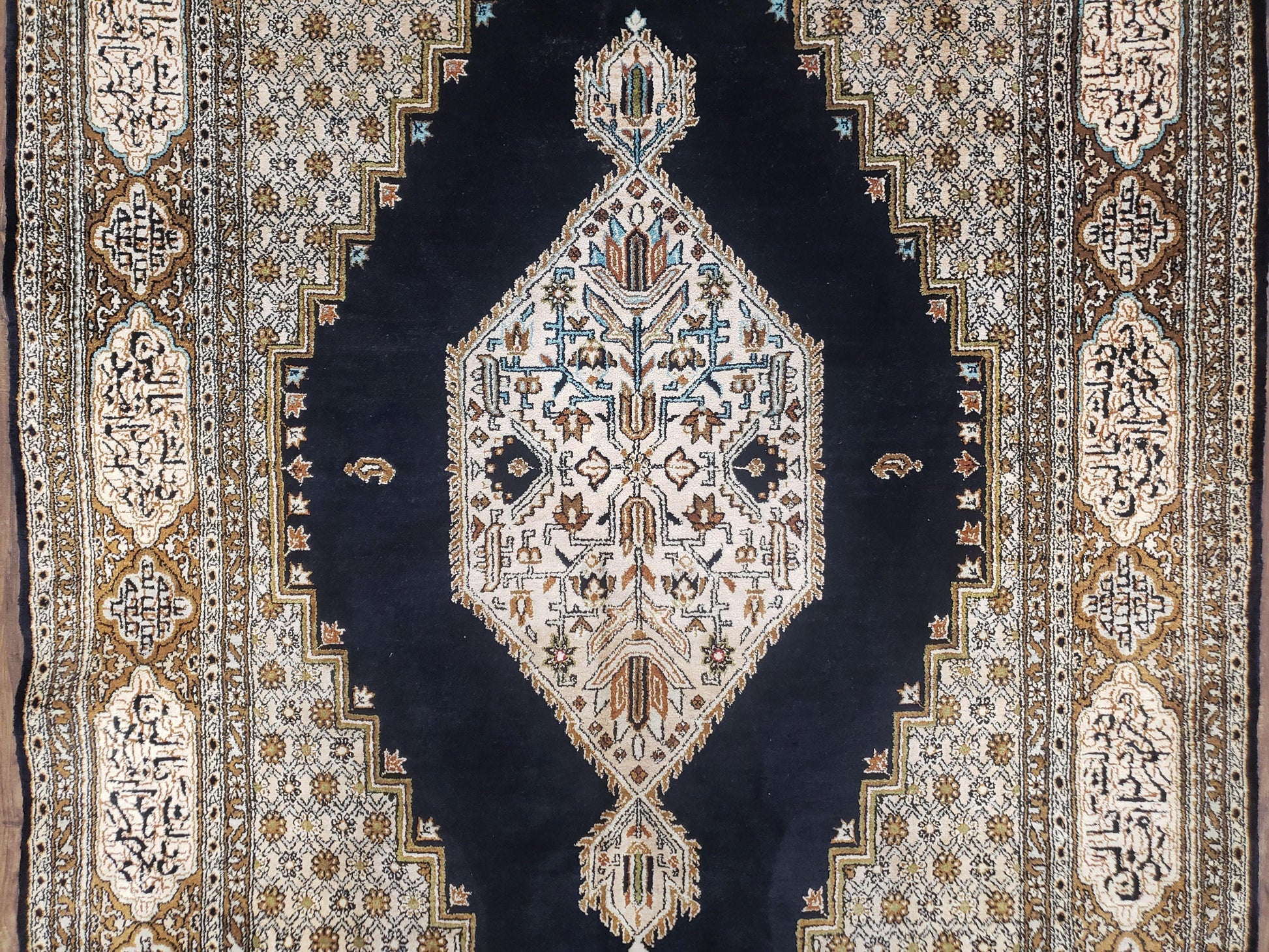 Persian Silk Qum Rug, Silk on Silk, Black Golden Brown and Beige, Hand-Knotted, 3'6" x 5' 5" - Nuvé