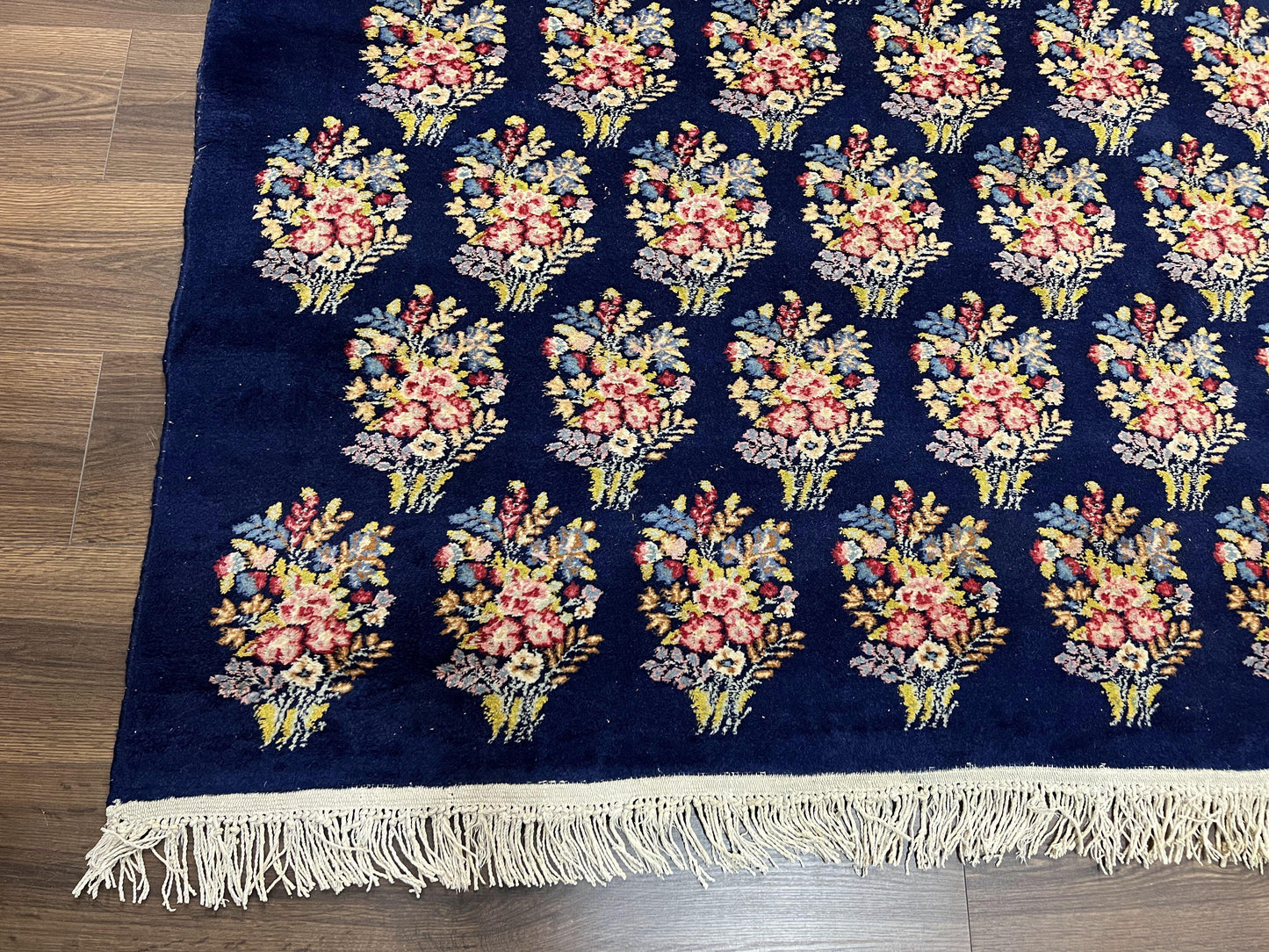 Persian Rug 9x12, Authentic Hand Knotted Carpet, Repeated Floral Motif Garden of Eden, Navy Blue Wool Rug 9 x 12, Semi Antique Kirman Rug - Nuvé