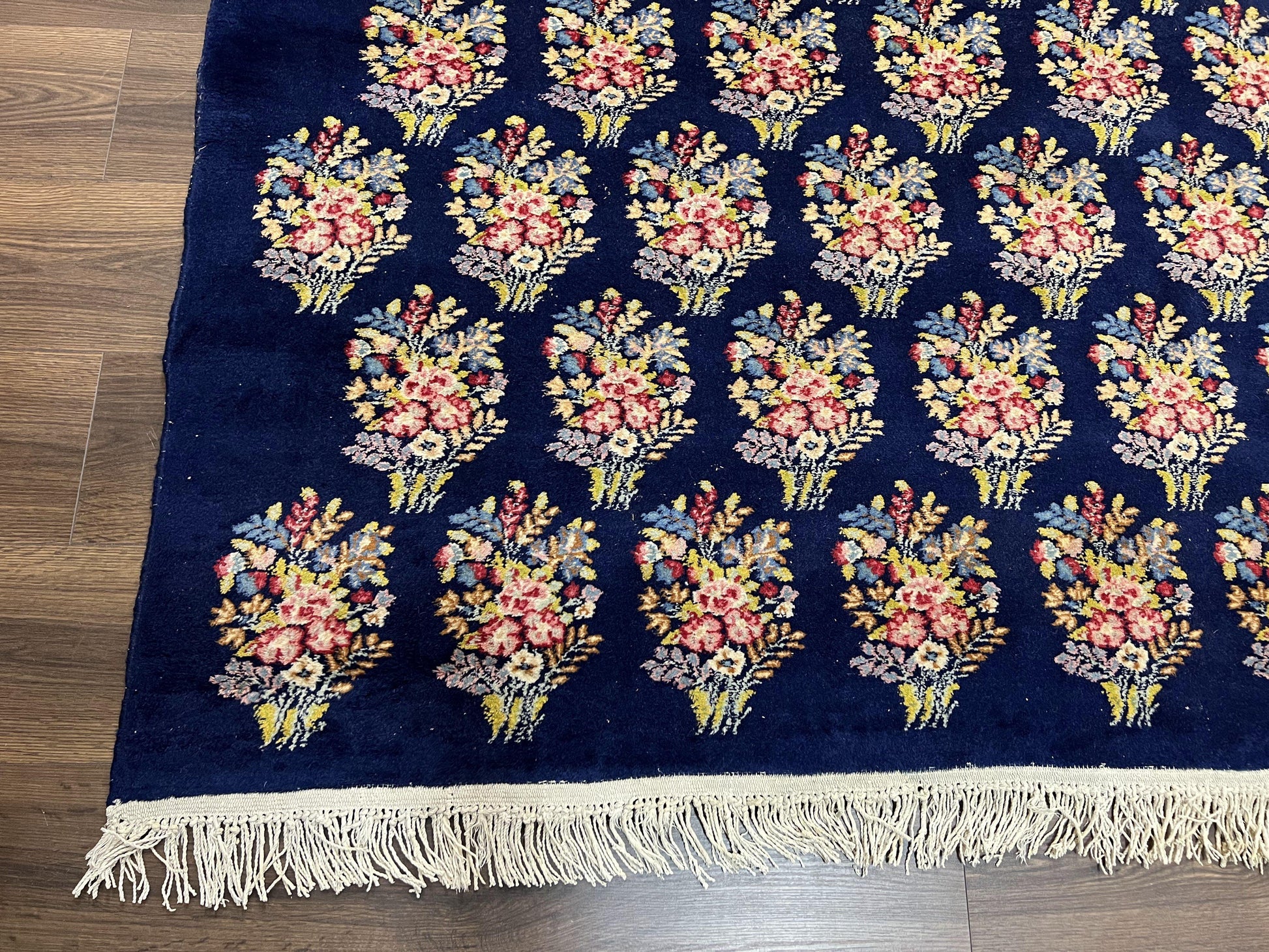 Persian Rug 9x12, Authentic Hand Knotted Carpet, Repeated Floral Motif Garden of Eden, Navy Blue Wool Rug 9 x 12, Semi Antique Kirman Rug - Nuvé