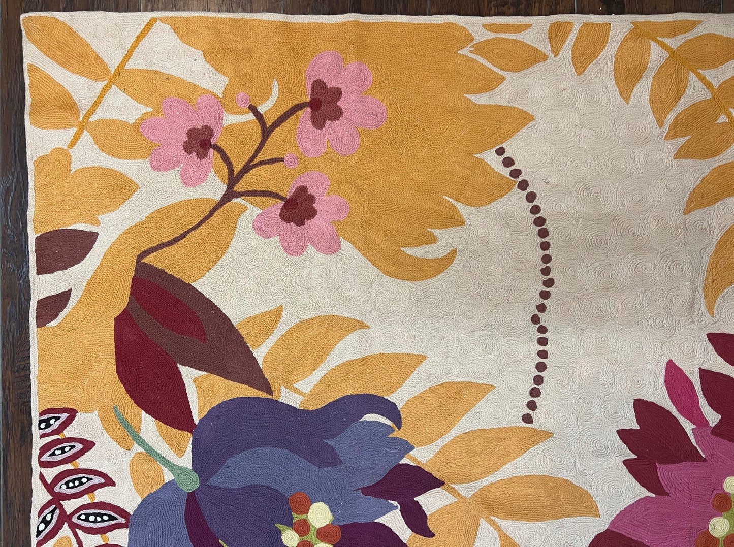 Indian Chain Stitched Rug 4x6, Hand Stitched Indian Embroidery Carpet, Large Floral Design, Contemporary, Cream and Colorful Flowers, Wool - Nuvé