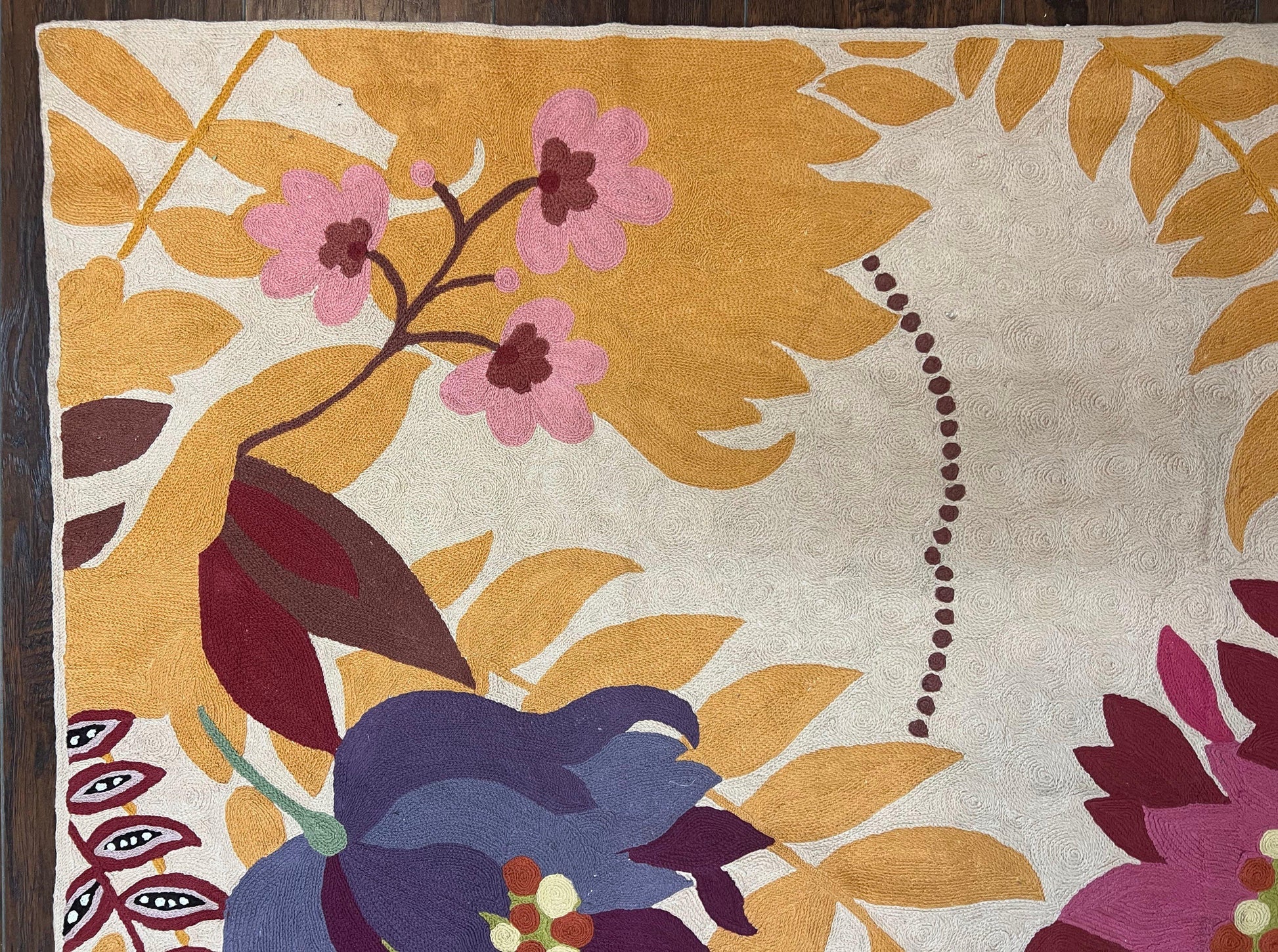 Indian Chain Stitched Rug 4x6, Hand Stitched Indian Embroidery Carpet, Large Floral Design, Contemporary, Cream and Colorful Flowers, Wool - Nuvé