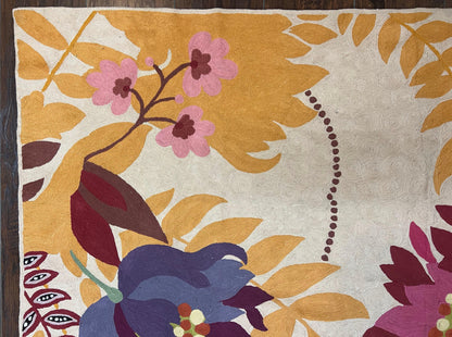 Indian Chain Stitched Rug 4x6, Hand Stitched Indian Embroidery Carpet, Large Floral Design, Contemporary, Cream and Colorful Flowers, Wool - Nuvé