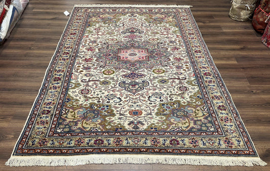 Turkish Sivas Rug 7x9, Vintage Wool Hand-Knotted Carpet, Ivory Cream Purple Tan, Floral Medallion Rug, Fine Oriental Carpet, Medium Size Rug - Nuvé