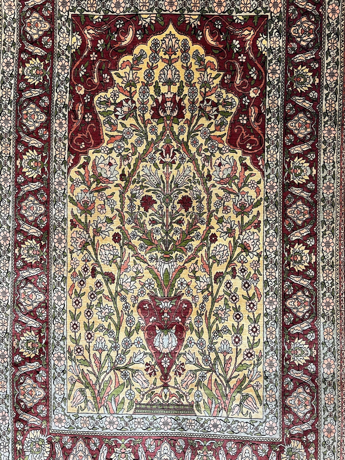 Wonderful Silk Turkish Hereke Prayer Rug 2.8 x 4.5, Tree of Life Design, Signature from Master Weaver, Gold and Burgundy, Handmade, 625 KPSI - Nuvé