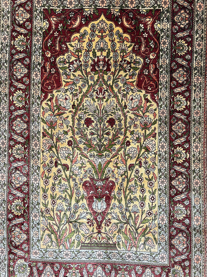 Wonderful Silk Turkish Hereke Prayer Rug 2.8 x 4.5, Tree of Life Design, Signature from Master Weaver, Gold and Burgundy, Handmade, 625 KPSI - Nuvé