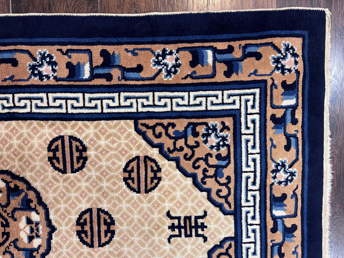 Chinese Peking Rug 3x5, Antique Chinese Art Deco Carpet, Blue Ivory Tan, Hand Knotted Wool Asian Oriental Rug 3 x 5 Vintage Small Peking Rug