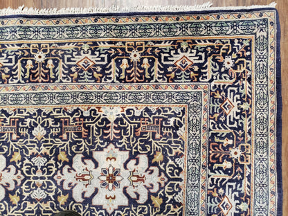Persian Kashan Rug, Navy Blue, Hand-Knotted, Wool, 4' 8" x 7' 4", Pair A - Nuvé