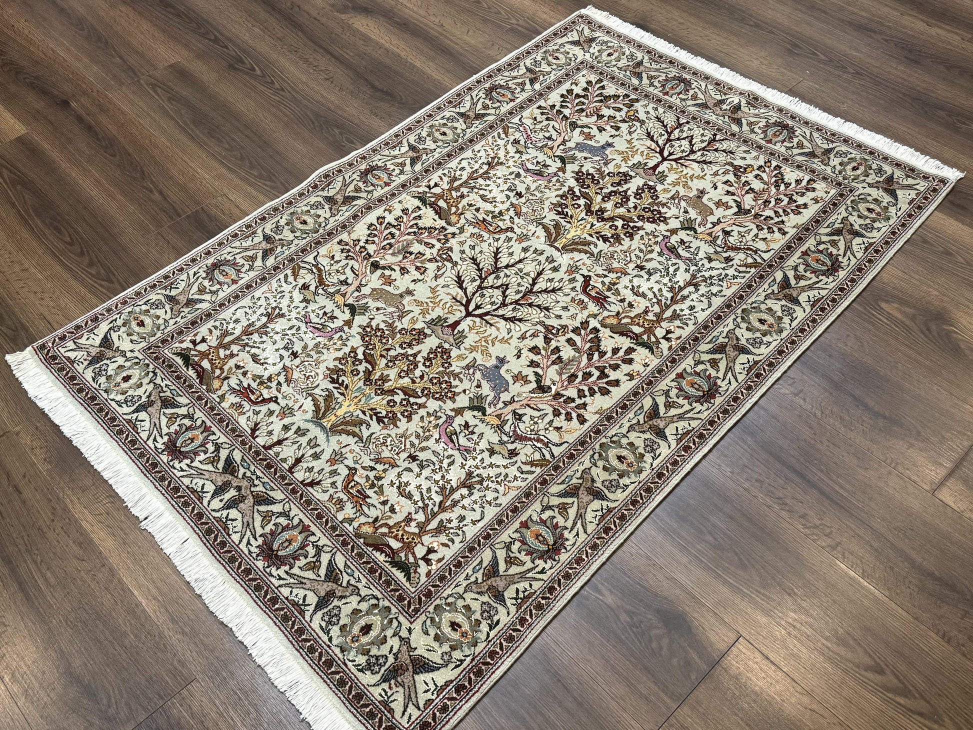 Wonderful Persian Tabriz Rug 3x5, Tree of Life, Animal Pictorials, Birds, Wool & Silk Highlights, Fine 330 KPSI - Nuvé