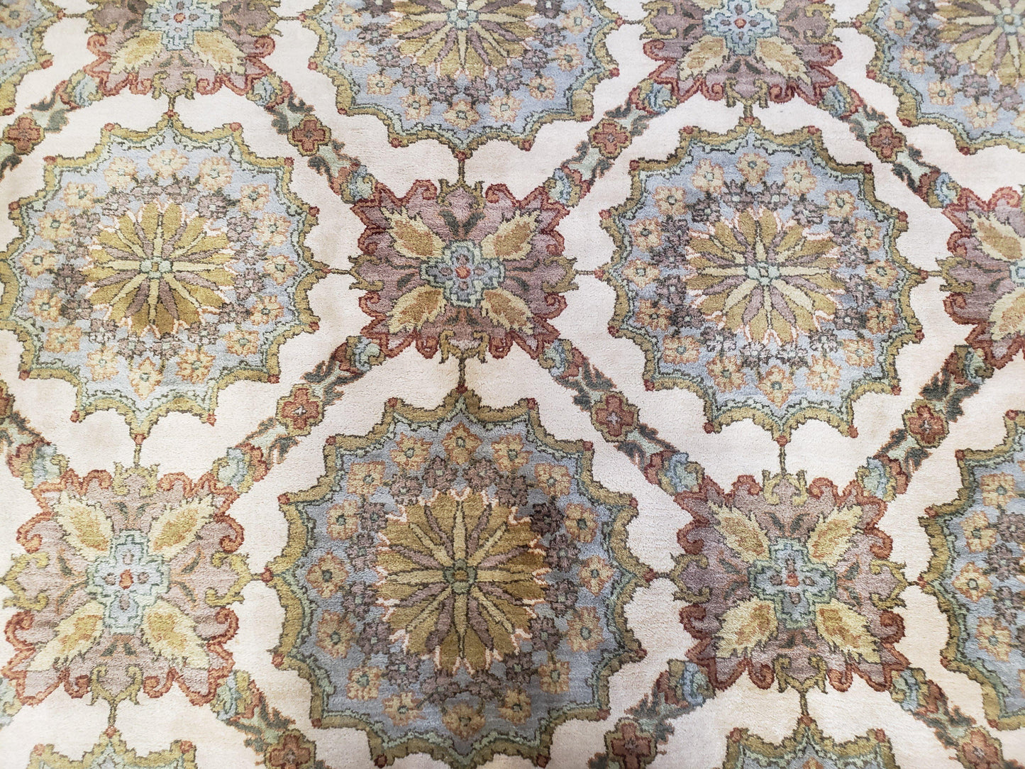 Indo Sultanabad Area Rug 8 x 9.5, Wool Hand-Knotted Ivory Green Teal Decorative Rug, Floral Panel Carpet, Indian Rug, 8 x 10 Bedroom Rug - Nuvé
