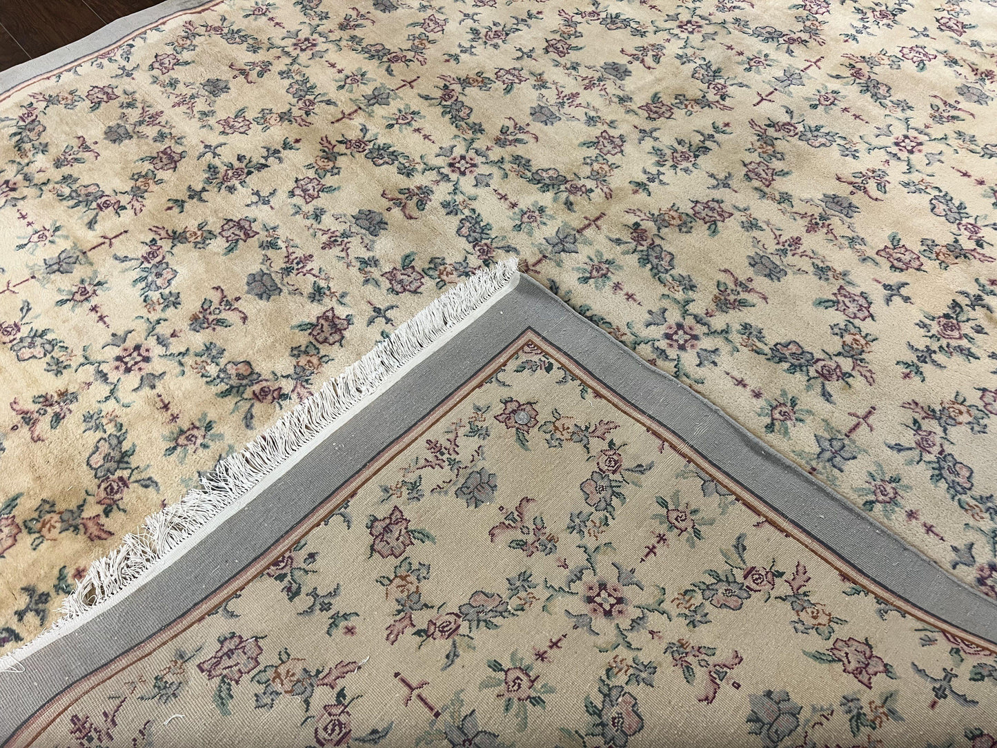 Sino Persian Rug 8x10, Floral, Oatmeal and Light Teal, Handmade Wool Vintage Carpet - Nuvé