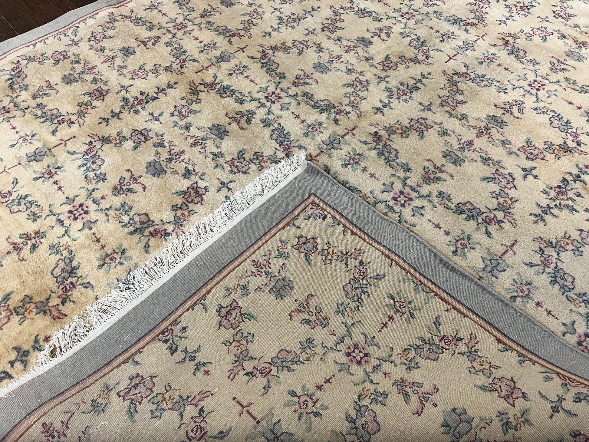 Sino Persian Rug 8x10, Floral, Oatmeal and Light Teal, Handmade Wool Vintage Carpet - Nuvé