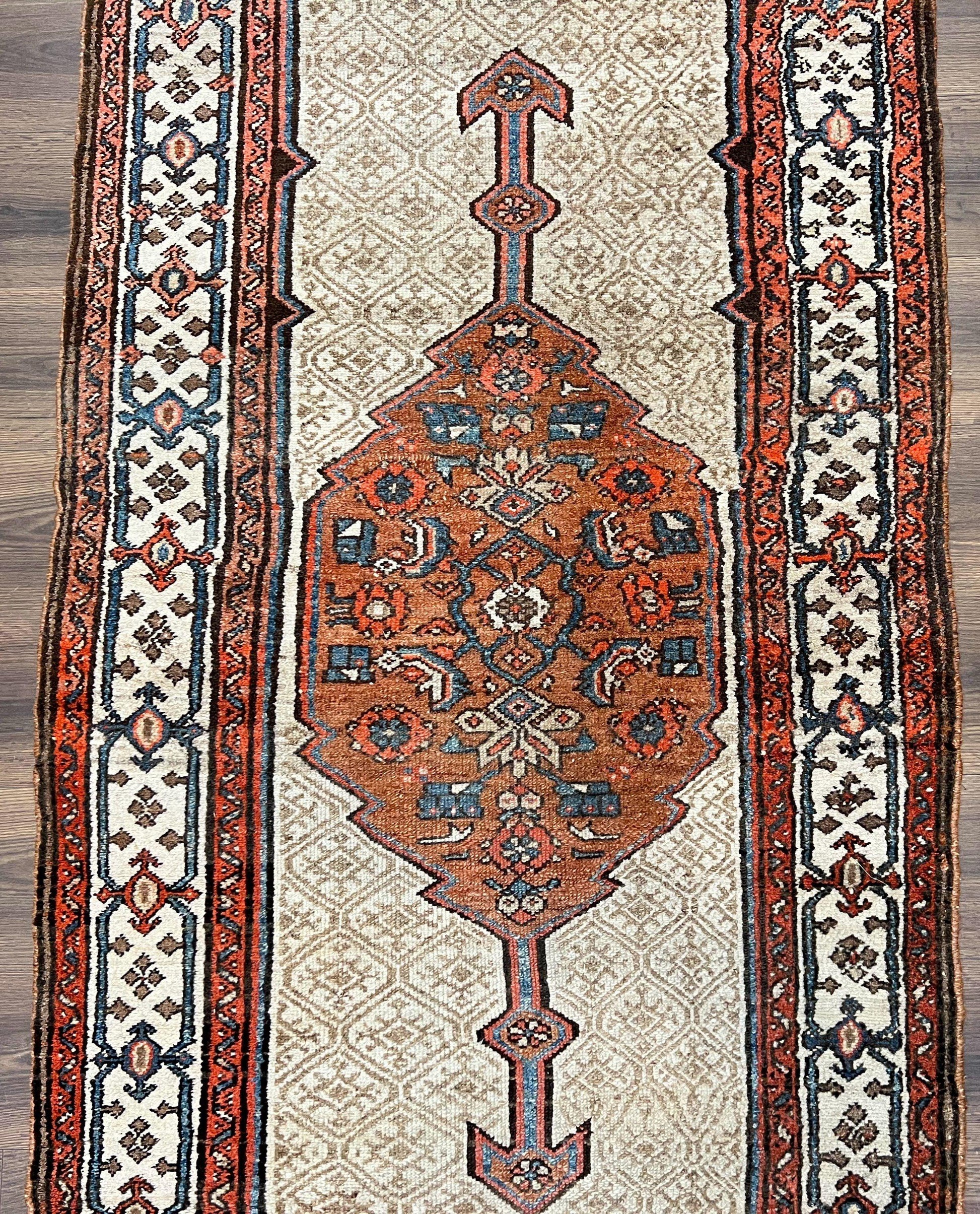 Rare Persian Tribal Runner Rug 3.5 x 10, Sarab Serab Kalegy Carpet, Antique 1920s Collectible Geometric Medallion Oriental Wool Runner, Hand Knotted, Camel Hair Color - Nuvé