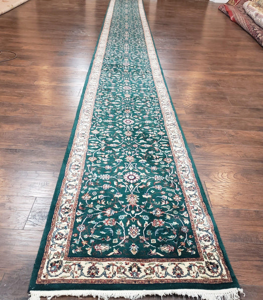 Extra Long Runner Rug 24 ft, Skinny & Long Rug for Hallway Corridor 2.6 x 24 Indo Persian Vintage Wool Rug Green and Cream Handmade Oriental - Nuvé